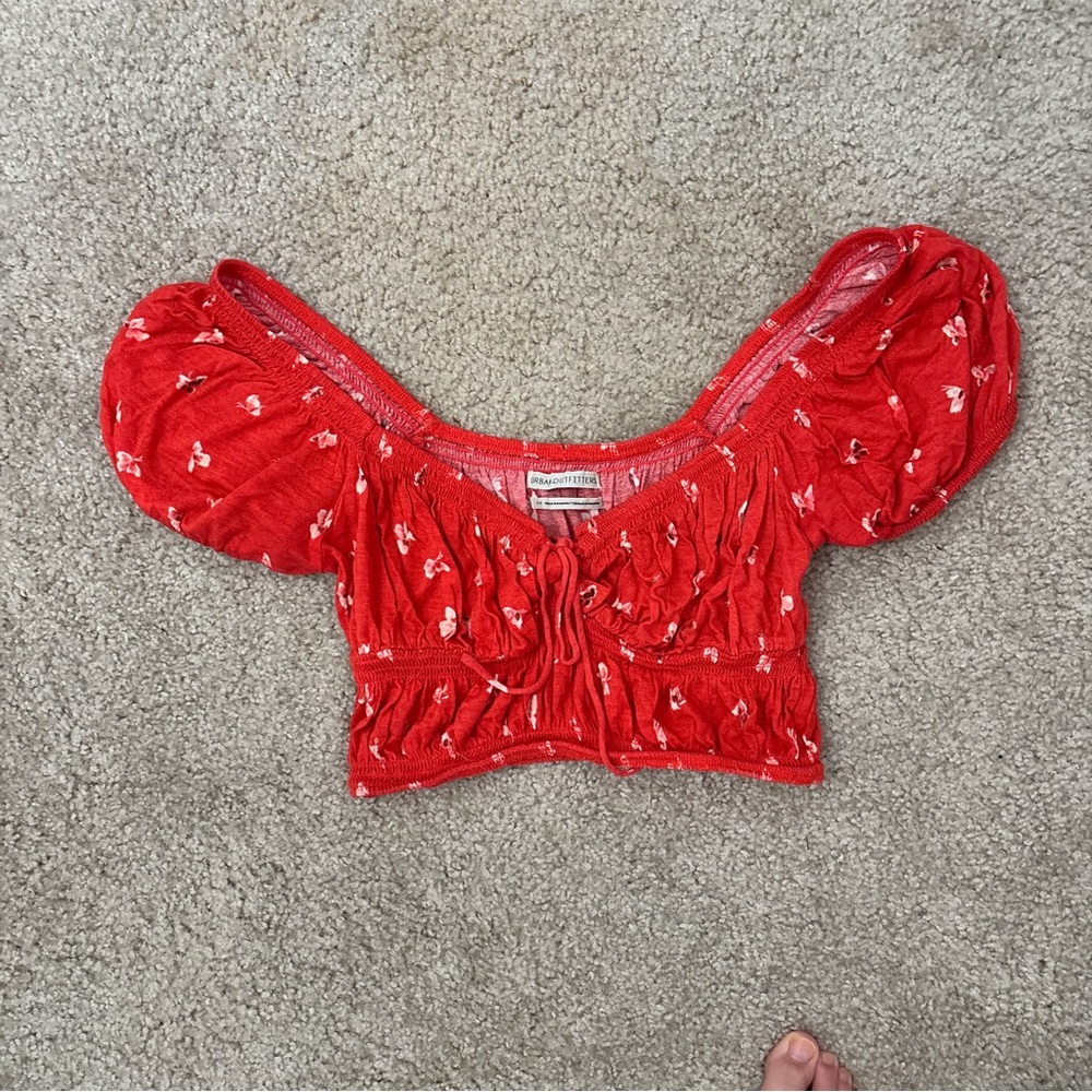 Urban Outfitters Red Puff-Sleeve Cropped Top with Tie Front